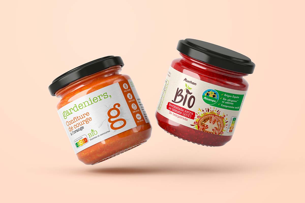 Etiquetas para mermelada de Gardeniers y Auchan diseñadas e impresas por Zaforsa